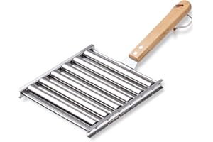 UNPOTEN Edelstahl Hot Dog Roller mit langem Holzgriff, 6 Rollen Wurstroller Rack, BBQ Hot Dog Grill, für Gleichmäßig Gekochte Hot Dogs