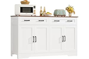 TEENFON Credenza Cucina 140cm, Mobile Cucina Salvaspazio con 2 Cassetti e 4 Ante, Buffet per Sala da Pranzo, Mobile Soggiorno con Ripiano Regolabile, Bianco 140x38x80 cm