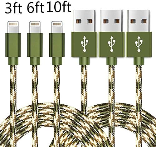 Lightning Cable,3Pack 3ft 6ft 10ft Long Nylon Braided Apple iPhone Charger Cable Charging Lead Cord USB Wire for iPhone 7/7 Plus/6S Plus/6 Plus/5/5S/5C/SE,iPad Pro/Air/mini,iPod touch(Camo Green)