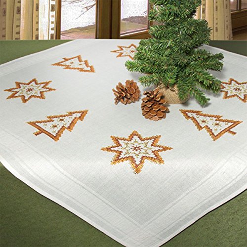 Wunderschöne Stickpackung " ZAUBERHAFTE WEIHNACHTEN " - Stickdecke 80 cm x 80 cm - Kreuzstich vorgezeichnet - Anchor - Stickgarn aus 100 % Baumwolle - mit goldfarbenen Fäden - qualitativ hochwertig - zum Sofort-Loslegen - Mitteldecke 80 x 80 - zum Selbersticken - aus dem KAMACA-SHOP - Weihnachten Advent