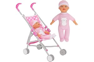 Dolly Tots Single Stroller & Doll | Pink Polka Dot Pushchair for Ages 2+ | Lightweight Umbrella Fold Buggy with Matching Doll | Toy Stroller for Girls & Boys | Role Play Fun for Kids 3+