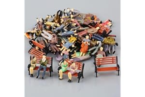 YUETTYY Lot de 50 figurines de maquettes peintes, figurines de décoration 1:50 à l'échelle assise debout figurine de passager + 6 bancs de train
