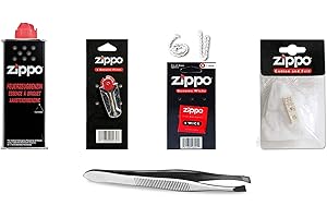 Zippo Set di accessori per accendino (ReLife) con benzina, ovatta, stoppino, pietra focaia e pinzette di marca Sunmondo per un facile cambio dello stoppino
