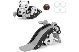 ‎DREAMADE DREAMADE 4 IN 1 Kinder Rutsche mit Basketballkorb und Ringwurfspiel und Schaukelpferd, Kinderrutsche mit abnehmbarem Hocker, Kinder Spielplatz Indoor für Jungen & Mädchen (Schwarz-Panda)