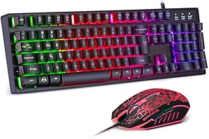 BAKTH Gaming Tastatur und Maus Set, LED Hintergrundbeleuchtung QWERTZ DE Layout, Regenbogen Farben Beleuchtete Wasserdicht USB Wired Tastatur und Maus für Pro PC Gamer