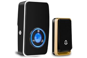 【Nessuna batteria richiesta】AURTEC Campanello Senza Fili da Esterno Impermeabile IP44,Indicatore LED, 1 Trasmettitore Pulsante e 1 Ricevitori, 4 Volume Regolabile, 51 Suonerie (Nero)