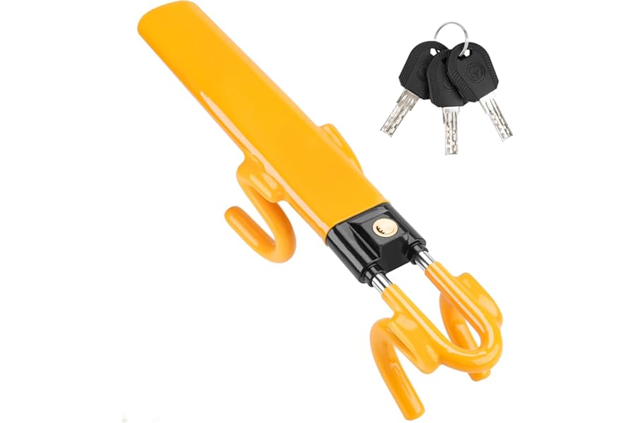 Tevlaphee Steering Wheel Lock Twin Bar, Steering Lock, Car Anti-Theft Device, High Visibility, Heavy Duty, Universal Fit, Adjustable Length,3 Keys(Yellow)