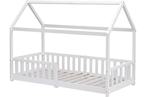 Kingwudo® White and Natural Pine Wood Bed Frame Kids Bed Scandinavian House Style for Girls or Boys Standard Single Bed Frame for Bedroom Furniture, Mattress (WITHOUT) 90x190 cm (White)