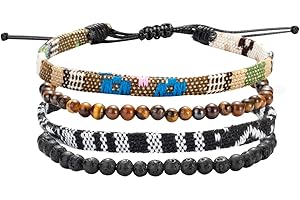 QIUJUNDE 4 Stück Boho Surfer Armbänder Set für Herren Damen,Bunt Ethno Style Geflochtene Stoff Textil Seil Strand Armband,Cool Tigerauge Vulkanischen Stein Perlen Geschenk für Männer Jungs Kinder Jungen Junge