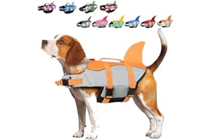ACURYX Large Dog Life Jacket Shark, Dog Swimming Safety Vest with Reflective Stripes & Rescue Handle, Adjustable High Buoyancy S/M/L Dog Swim Life Preserver for Water at Pool, Beach, Boating Orange L