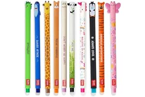 LEGAMI Lot de 10 stylos gel effaçables dinosaure, requin, girafe, corgi, bunny, panda, licorne, pingouin, tigre et papillon