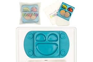 EasyMat Mini Portable Silicone Baby Suction Plate by EasyTots | Lid and Carry Case Included | Travel Friendly | Perfect Placemat for High Chair Feeding & Baby Led Weaning (Teal)