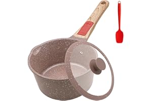 AIKENBBKK Casserole en Céramique 16 cm avec Couvercle, 1.5L Revêtement Anti-adhésif en Céramique Casserole avec Poignée Amovible, Convient pour Tous les Types de Feux, Sans PTFE et PFOA-Marron