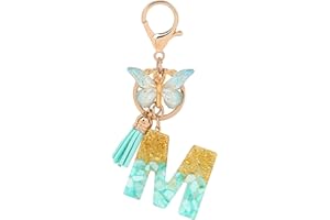 MWOOT Letter Keychains Llavero con Inicial,Lámina de Oro de Resina Keyrings Colgante,Verde Moda Alfabeto Llavero Encanto