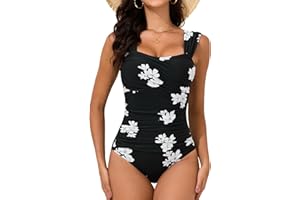 VECENEY One Piece Swimming Costume Women Tummy Control Modest Swimwear Square Neck Ruched Swimsuit