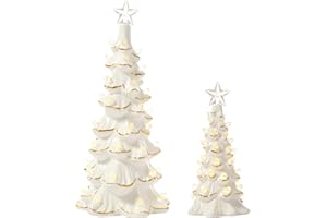 ‎DN DECONATION DN DECONATION Keramik Weihnachtsbaum mit Licht 2er Set Creme-Weiße Tischdekoration mit Goldakzenten Beleuchtete Weihnachtsbäume für Zuhause Büro Kaminsims