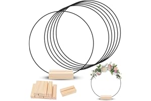Piashow Anillos de metal para manualidades, 6 unidades de decoración con pie, anillo de metal negro de 30 cm con 6 soportes de madera, manualidades, decoración de mesa de boda