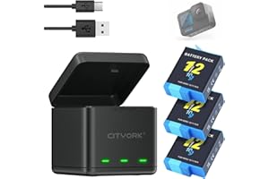 CITYORK Kit di ricarica per GoPro Hero 12 Hero 11/10/9 nero, con slot tipo C a tre canali, con indicatore LED e cavo USB (1 caricatore + 3 batterie)