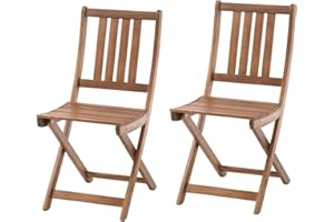 BURI Juego de 2 sillas de jardín de madera de acacia maciza y barnizada, plegables, para balcón, jardín, terraza, sin reposabrazos, marrón, pulidas