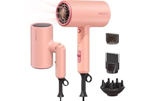 Pretfy Travel Hair Dryer with Diffuser, 2000W Foldable Hairdryer Lightweight Ionic Hairdryers, Professional Blow Dryer with 2 Speeds, 3 Heating and Cool Button with Diffuser Comb Concentrator Nozzle