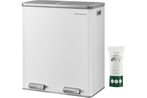 SONGMICS Dual Rubbish Bin, Metal Recycling Bin with 15 Rubbish Bags, 2-Compartment, with Lids, Pedals, Plastic Inner Buckets, Soft Closure, 2 x 8 Gallons (2 x 30 L), White and Grey LTB60WT