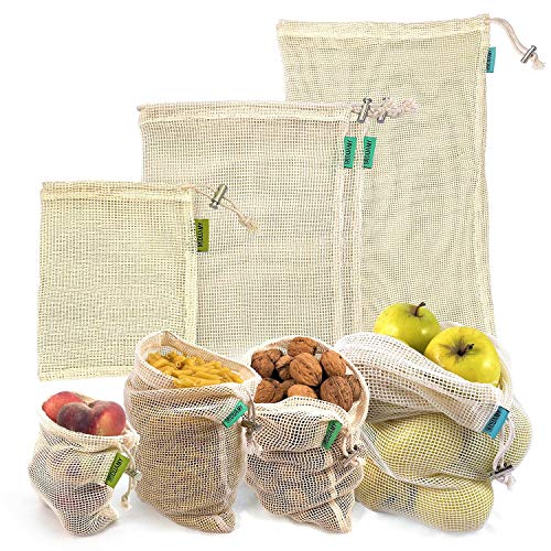 DUAMY Sacs réutilisables en Maille pour Produit Frais en Coton. Lavables et Respirants pour Fruits, légumes, Jouets. Lot de 4 Sacs en Tissu pour Les achats sans BPA écologiques et biodégradables