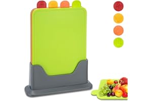 Hunnycook 4PCS Colour Coded Chopping Boards Set, Durable, Scratch-Resistant, Anti-Slip and Dishwasher Safe(28×20×0.3cm) Chopping Boards for Kitchens, PP Plastic Chopping Board with Storage Stand