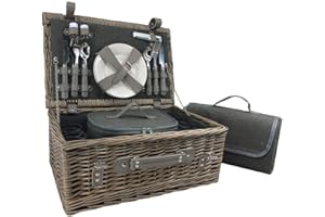 Red Hamper 4 Person Grey Tweed Wicker Fitted Picnic Basket