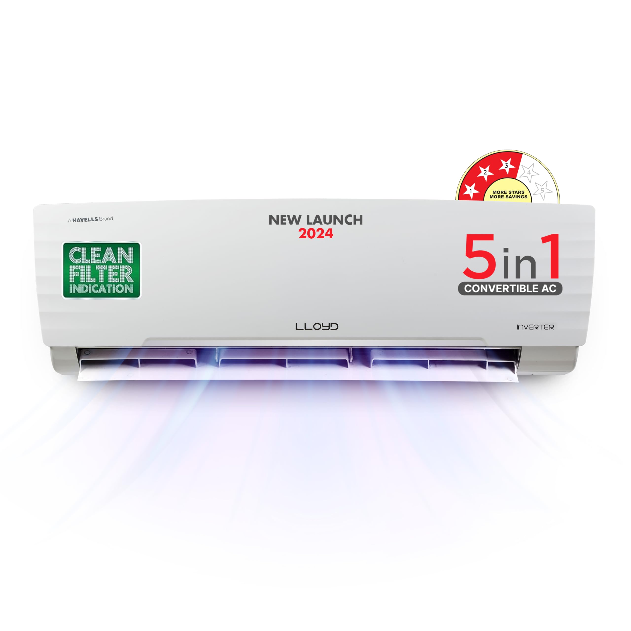Lloyd 1.5 Ton 3 Star Inverter Split AC (5 in 1 Convertible, Copper, Anti-Viral + PM 2.5 Filter, 2023 Model, White with Chrome
