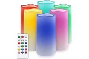 salipt Bougie LED Flamme Vacillante, Fausse Bougie Electrique Multicolore, RGB Bougies à Piles Avec Télécommande et Minuteur, Lot de 6, Diamètre 7,6 cm Hauteur 15,6 cm