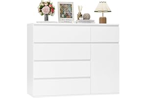 ‎FOREHILL FOREHILL Komoda do Sypialni Biała Komoda z 5 Szufladami i 1 Drzwiami Szafka do Przechowywania Komoda Kredens do salonu Przedpokoju 100x40x80cm