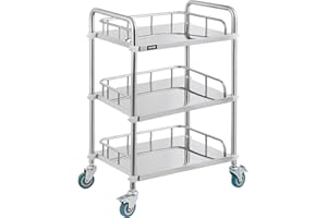 VEVOR 3-Layer Lab Medical Cart Stainless Steel Four Universal Rolling Wheels Lab Medical Equipment Cart Trolley for Lab Hospital Clinics 66 x 39.1 x 85.1cm Max Load 90kg, Silver