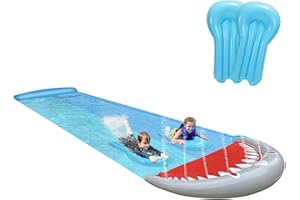 Jopassy Wasserrutsche Outdoor Sommer Rasen,550 * 145cm Hai-Stil Wasserspielzeug Garten Wassermatte, Wasser Rutsche mit 2xSurfbrett, mit eingebautem Sprinkler, Sommerspielzeug Kinder Erwachsene, Blau