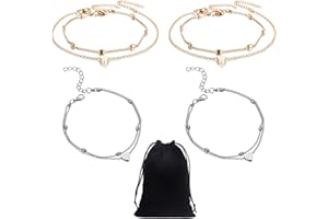 TIANNAIT 4 juegos de tobilleras en capas para mujer, 1 pieza de bolsa de almacenamiento de joyas, tobillera con colgante de corazón y tobillera con cuentas, adornos boho de playa de verano (oro, plata)