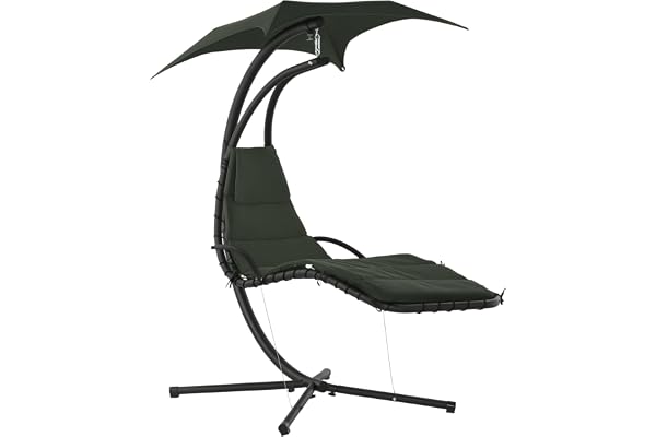 Outsunny Bain de Soleil transat Suspendu Chaise Suspendu Extérieur avec Pare-Soleil et Matelas Design Contemporain 190L x 110l x 190H cm Acier Polyester Gris foncé Noir