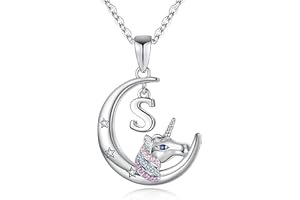 TINGN Unicornio Regalos para Niñas Collar, Chapado en Oro Blanco de 14 Quilates Crescent Moon Colgante Unicornio Collares Colorido CZ Unicornio Collar Joyas Unicornio Regalos para niñas Mujeres