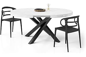 Mobili Fiver, Emma Round Extendable Table, 120-160 cm, Concrete Effect, White with Black crossed legs, Made In Italy