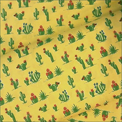 South of the Border Cactus Windham Fabrics Cotton Fabric, Fields of cacti with red and blue flowers on yellow, For Dressmaking &amp; Patchwork, Buy by the Half Metre
