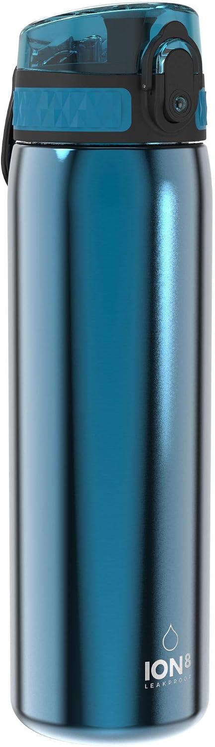 ion8 Botella Agua Inox Ligero, 600ml, Sin Aislamiento, a Prueba de Fugas, Fácil de Abrir, Cerradura Segura, Aptas para Lavavajillas, Fácil de Limpiar, Resistente a Rayones, Azul