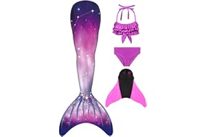 DNFUN Costume da Bagno a Coda Sirena Bambina con Pinna Coda da Sirena Cosplay Costume con Bikini per Nuotare Bambina