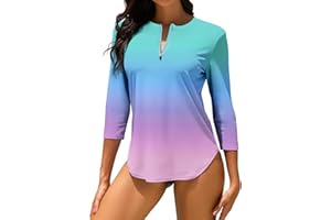 WOWENY Haut de Maillot de Bain Tee Shirt Anti UV Femme Rashguard Manches 3/4 avec Fermeture Éclair 1/4 UPF 50+ Séchage Rapide pour Sports Nautiques Surf Plage