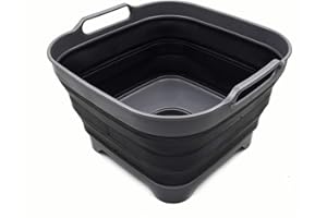 SAMMART 10L Collapsible Dishpan with Draining Plug - Foldable Washing Basin - Portable Dish Washing Tub - Space Saving Kitchen Storage Tray (Grey/Black, 1)