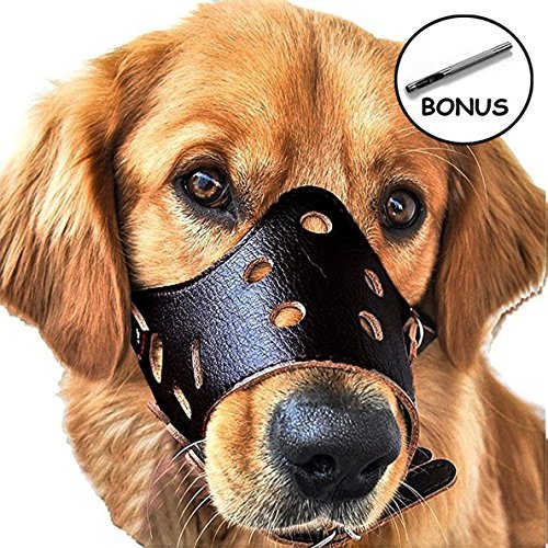 JUNMO® Ajustable de Cuero Hocico del Perro Anti-Morder Transpirable Seguridad del Animal Doméstico del Perrito de la Máscara de Bozales para Morder y Ladrar (Negro, L)