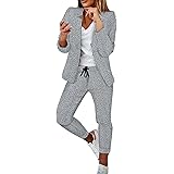 2 Pezzi da Tuta da Donna slim Tinta Unita Completo da Donne a Maniche Lunghe con Pantaloni Ufficio e Lavoro Elegante Tailleur