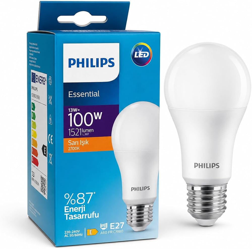 Philips Essential LED Ampul 13W 100W Eşdeğer, E27 Duy, 2700K Sarı Işık, 1521 Lümen, Enerji Tasarruflu LED Aydınlatma Dim Edilmez