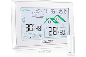 BALDR Wetterstation Funk mit Außensensor, Digital DCF-Funkuhr Innen und Außen Thermometer Hygrometer mit Wettervorhersage, Funkthermometer mit Batteriebetrieben Wetterstation