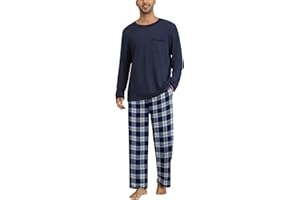 Ekouaer Schlafanzug Herren Lang Zweiteiliger Pyjama Set Winter Loungewear Warm Kariert Hausanzug mit Taschen S-XXL