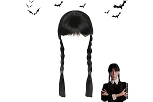 Atsmoce® Mercoledì Addams Parrucca, Parrucca Mercoledì con Frangia per ragazze lunghe nere intrecciate Parrucche per Halloween, Cosplay, Carnevale