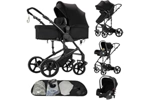 DZIRANAM Cochecito 3 en 1 de Bebé con Silla de Coche, Cuna de Paisaje Elevado, Toldo Ajustable y Ruedas con Amortiguadores, Marco de Aleación de Aluminio(negro)