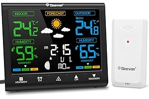 Geevon Weather Stations with Outdoor Sensor Wireless, Indoor Outdoor Thermometer with Comfort Indicator, HD Color Display Digital Alarm Clock, Adjustable Backlight (246250 without battery)